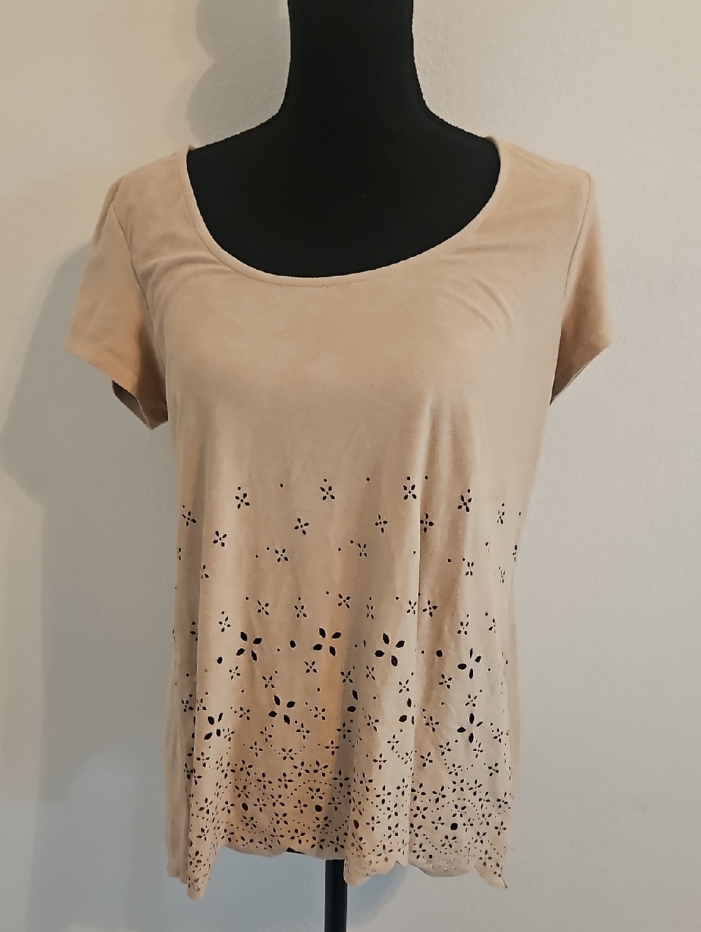 Short Sleeve Beige Laser-Cut Top